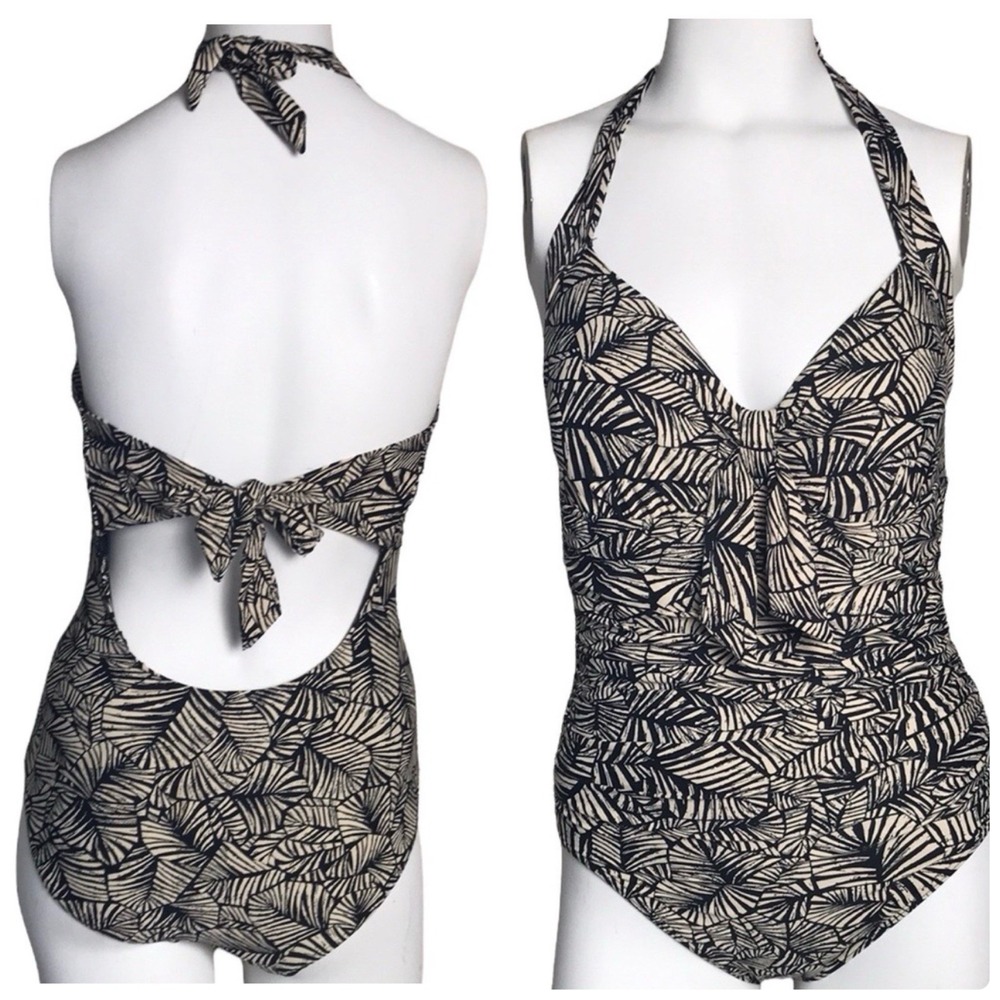 Seafolly Palm Print One Piece Halter Swimsuit 8 Black Tan Tie Back Resort Vacay